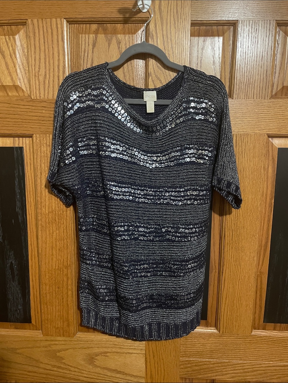 Chico’s Navy Sequin Stripe Short-Sleeve Sweater Top